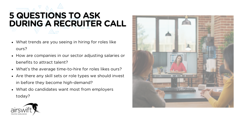 List of five key questions to ask during a recruiter call, focused on hiring trends, salary insights, time-to-hire, and candidate expectations.